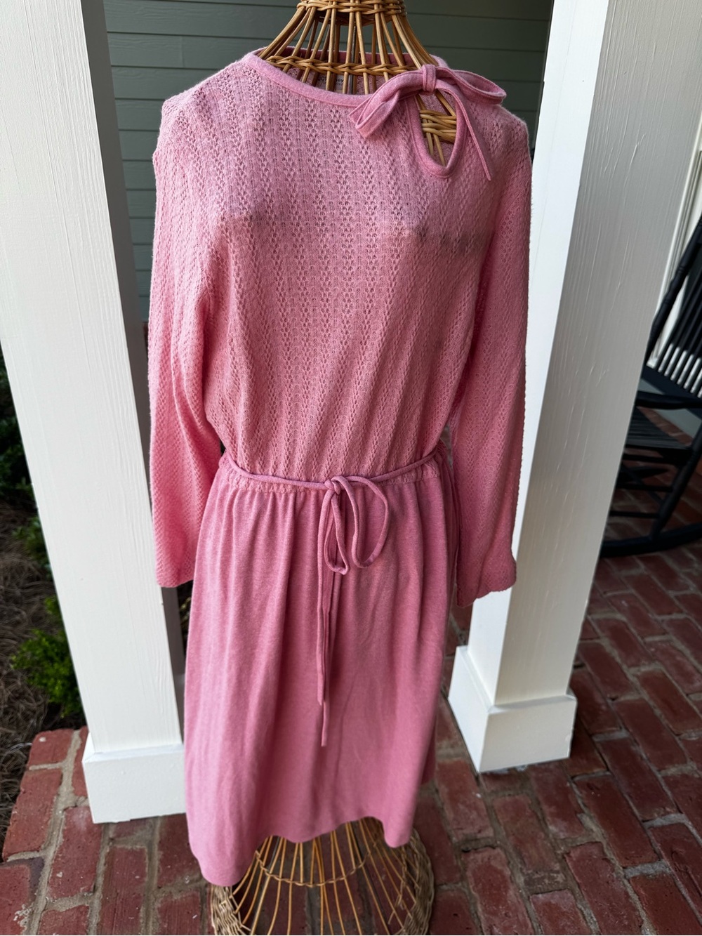 Vintage 70s JCPenney Dusty Pink Prairie Sweater Dress Tie Waist S